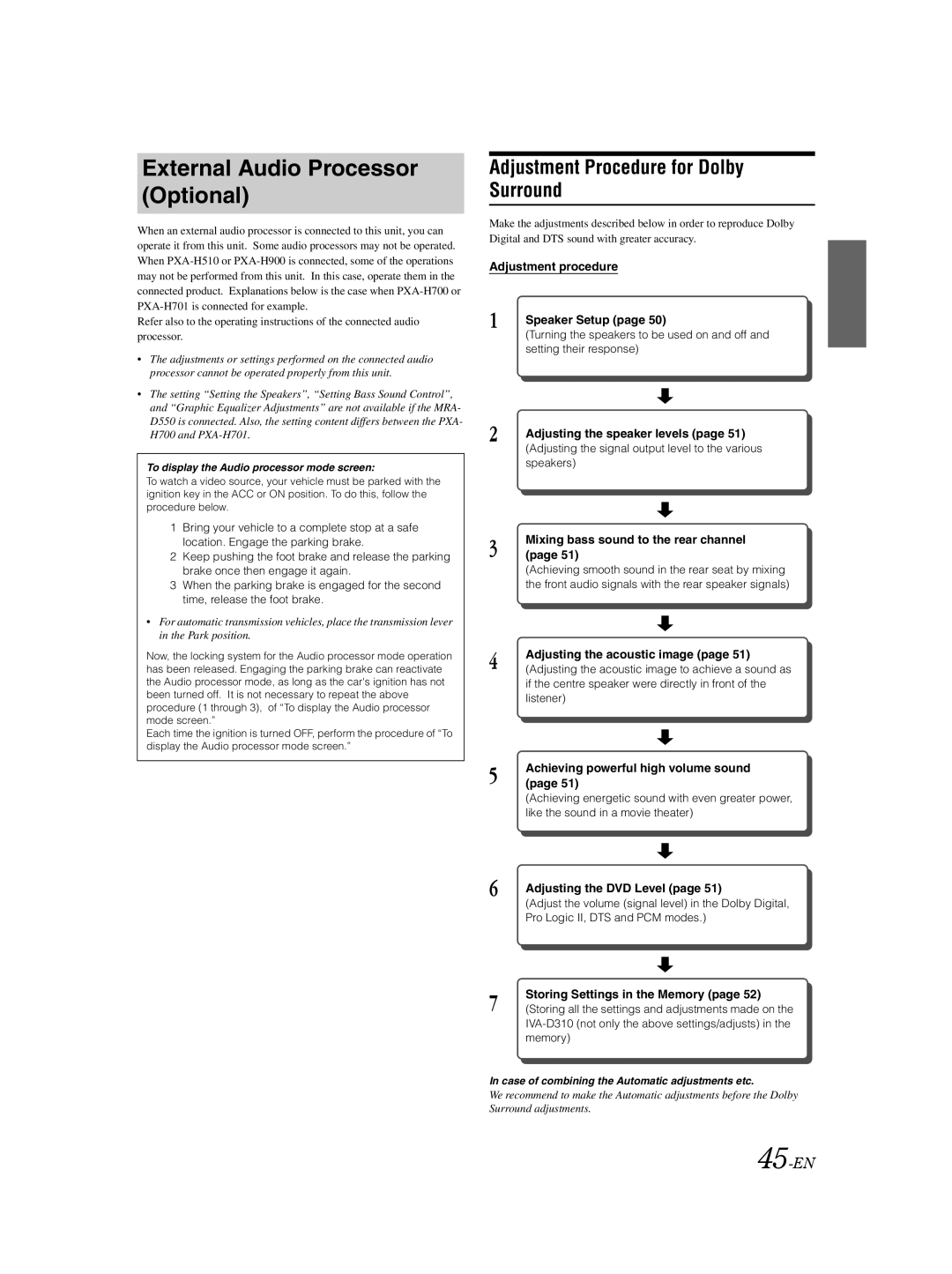 Alpine IVA-D310 owner manual Adjustment Procedure for Dolby Surround, 45-EN 