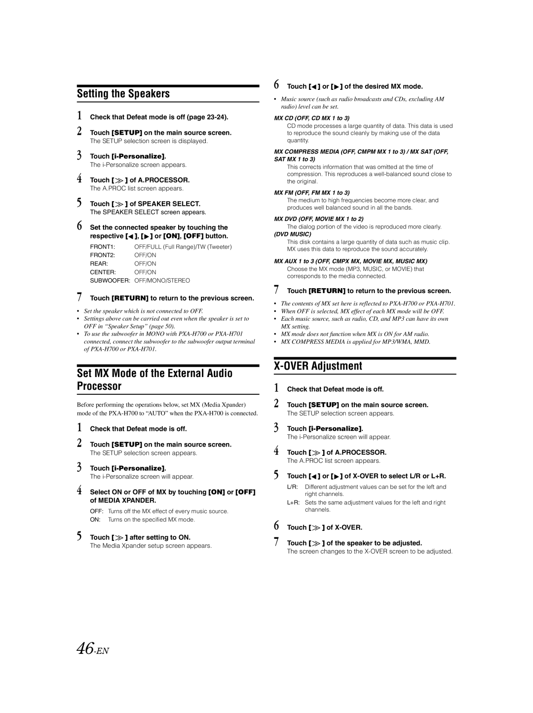 Alpine IVA-D310 owner manual Setting the Speakers, Set MX Mode of the External Audio Processor, Over Adjustment, 46-EN 