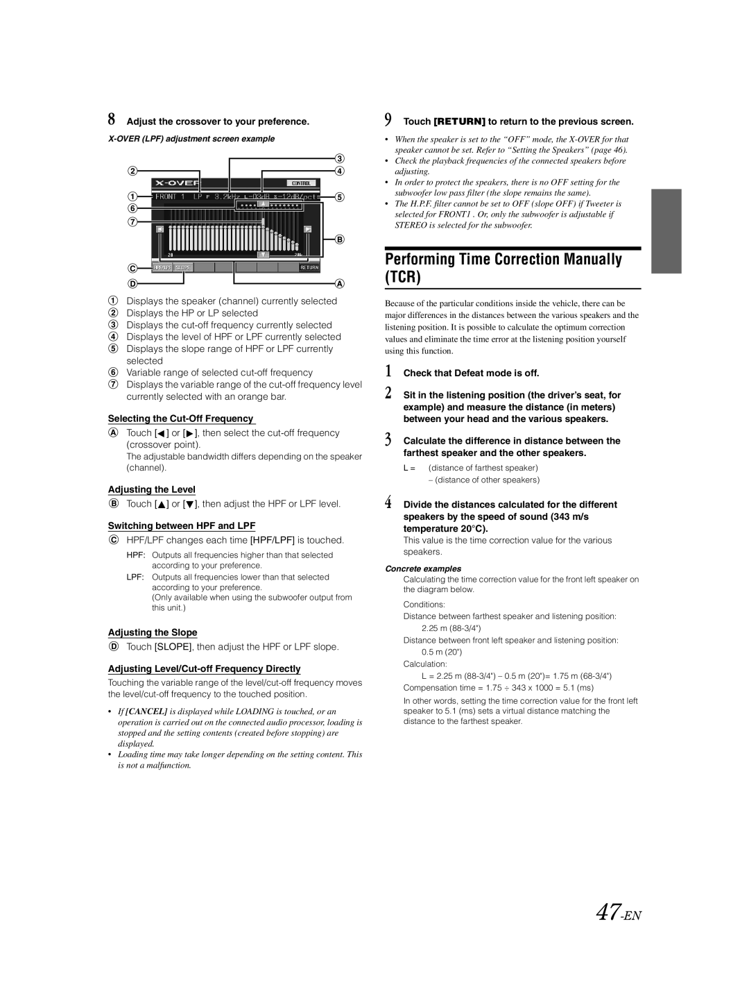 Alpine IVA-D310 owner manual Performing Time Correction Manually TCR, 47-EN, Adjust the crossover to your preference 