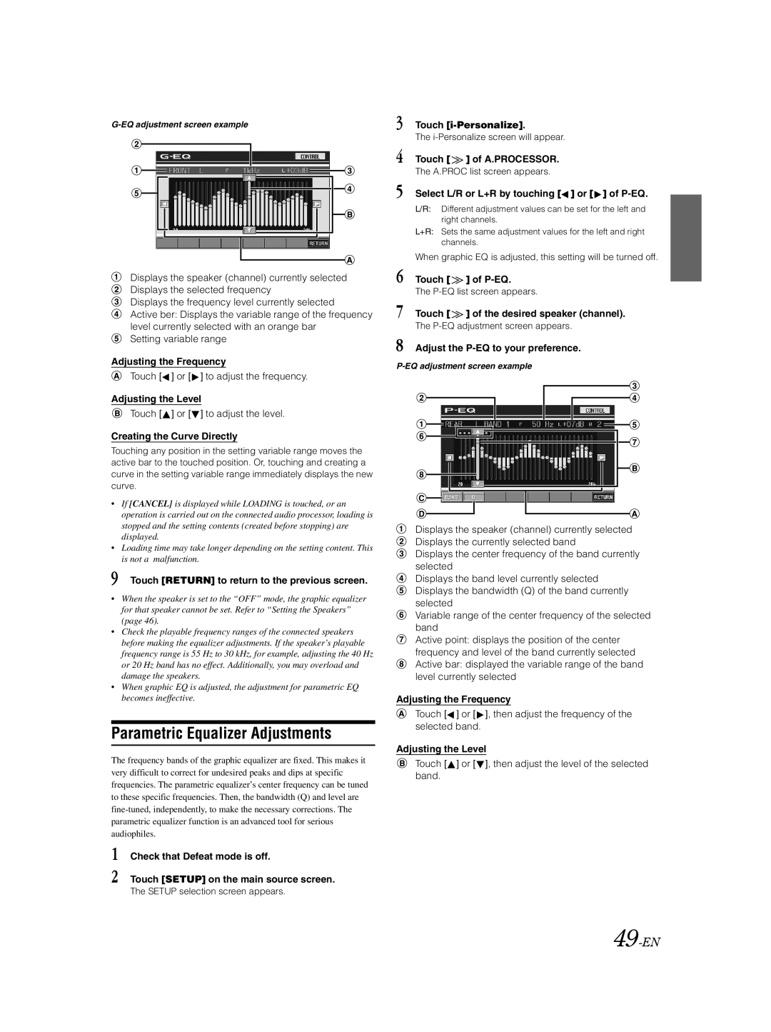 Alpine IVA-D310 owner manual Parametric Equalizer Adjustments, 49-EN 