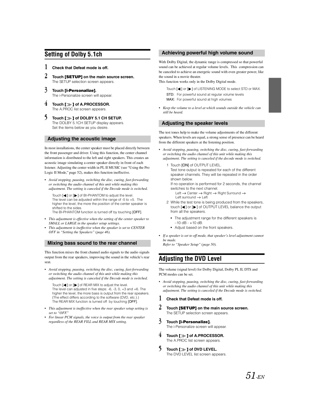 Alpine IVA-D310 owner manual Setting of Dolby 5.1ch, Adjusting the DVD Level 