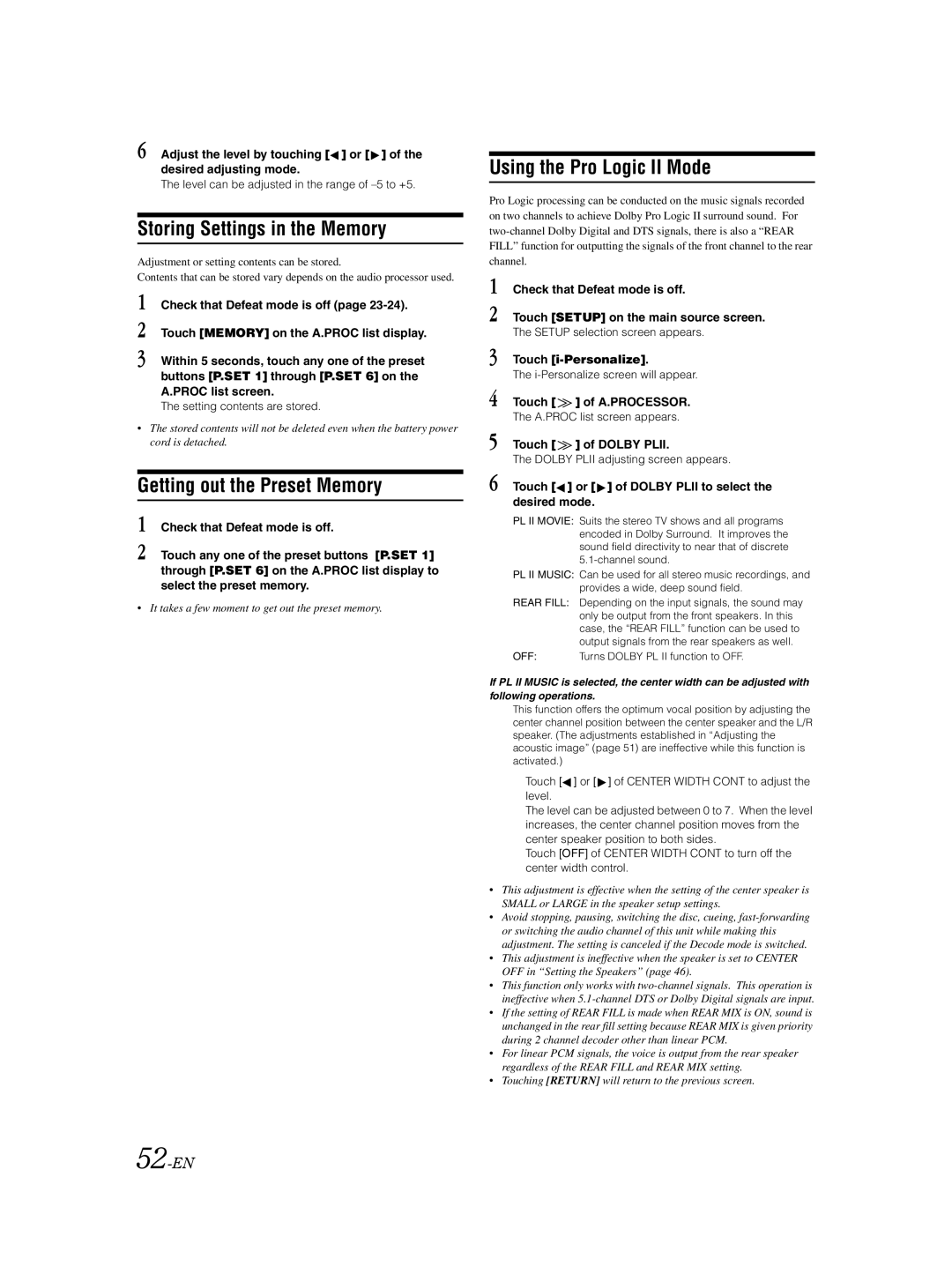 Alpine IVA-D310 Storing Settings in the Memory, Getting out the Preset Memory, Using the Pro Logic II Mode, 52-EN 