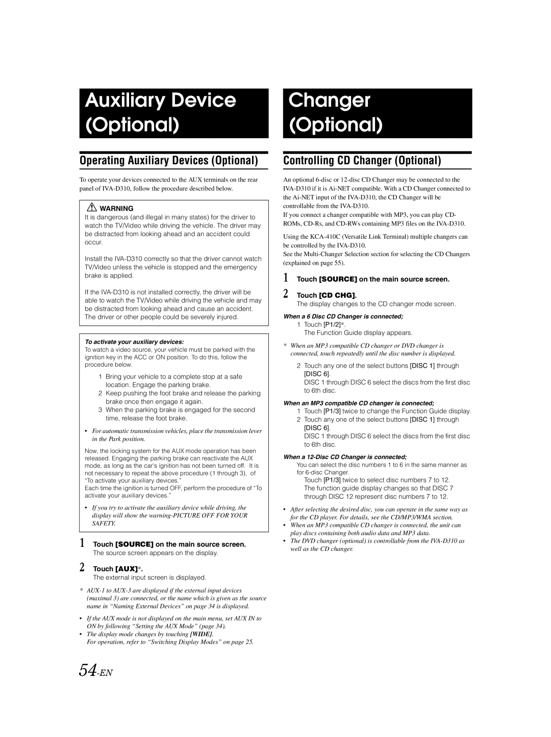 Alpine IVA-D310 owner manual Auxiliary Device Optional, Changer Optional, Operating Auxiliary Devices Optional, 54-EN 