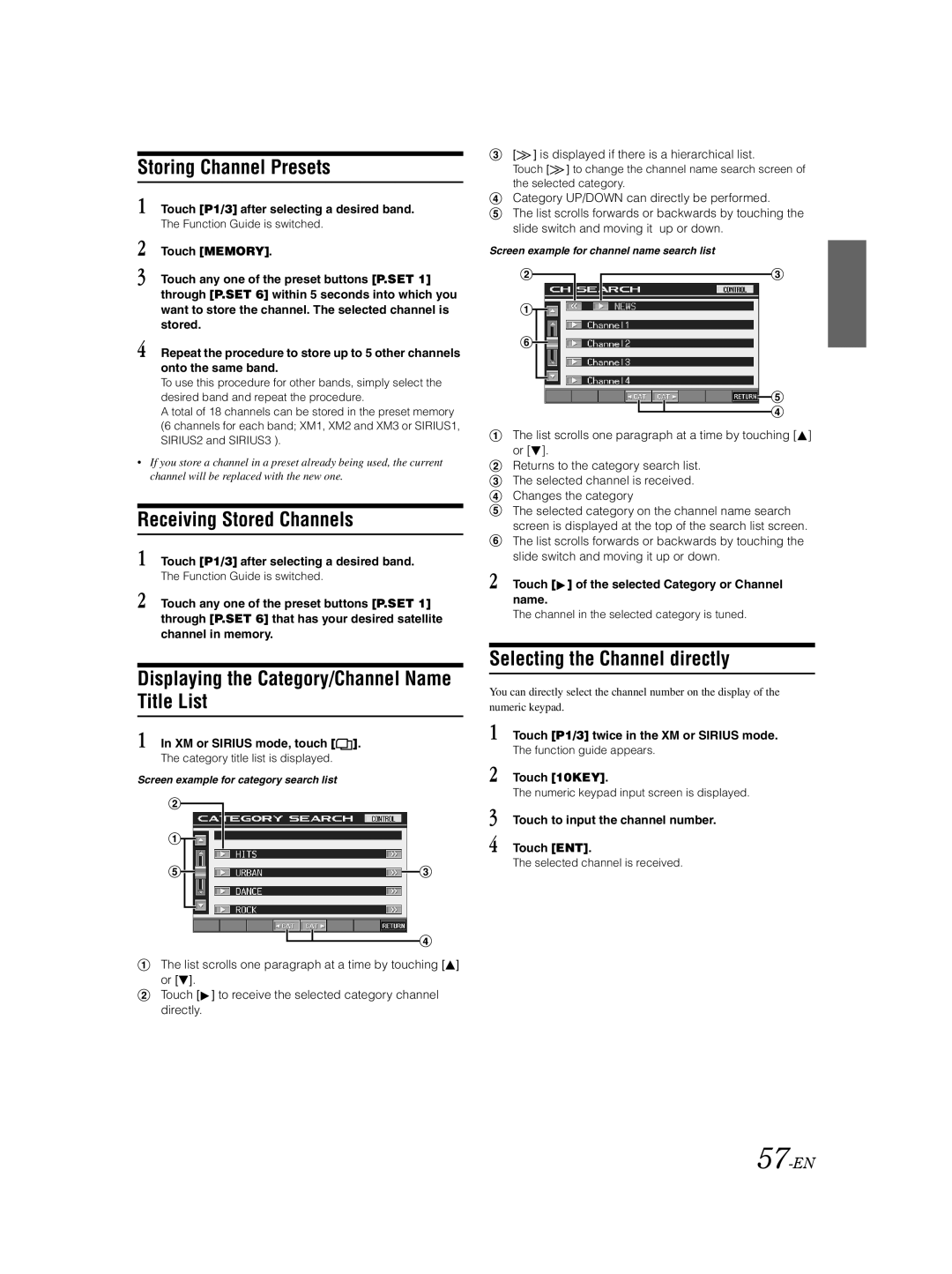 Alpine IVA-D310 Storing Channel Presets, Receiving Stored Channels, Displaying the Category/Channel Name Title List, 57-EN 