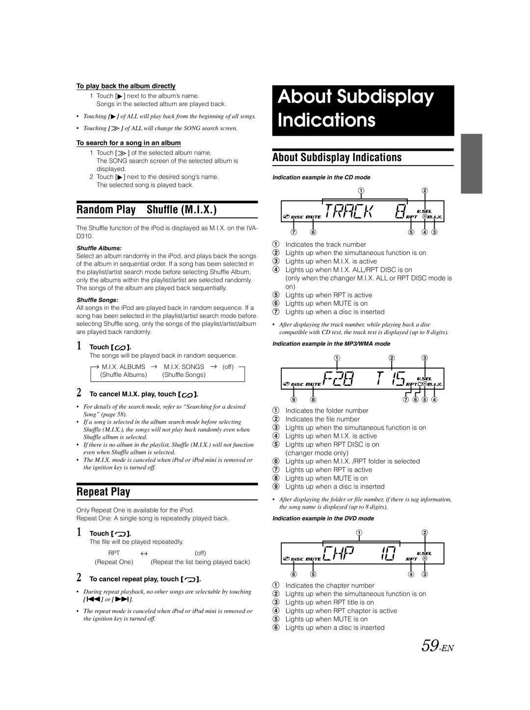 Alpine IVA-D310 owner manual About Subdisplay Indications, Random Play Shuffle M.I.X, 59-EN 