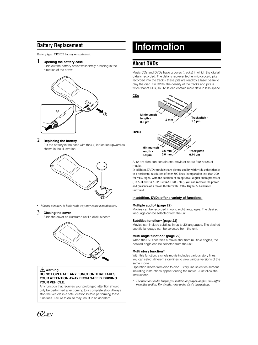 Alpine IVA-D310 owner manual Information, Battery Replacement, About DVDs, 62-EN 