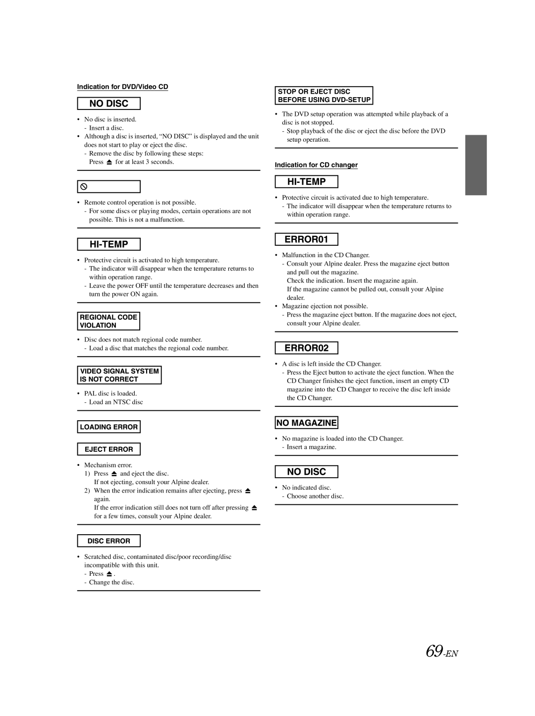 Alpine IVA-D310 owner manual 69-EN, Indication for DVD/Video CD, Indication for CD changer 