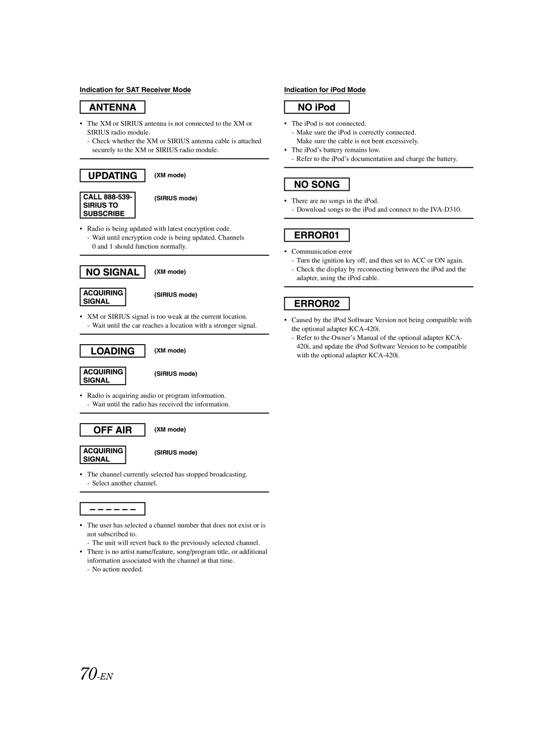 Alpine IVA-D310 owner manual 70-EN, Indication for SAT Receiver Mode 