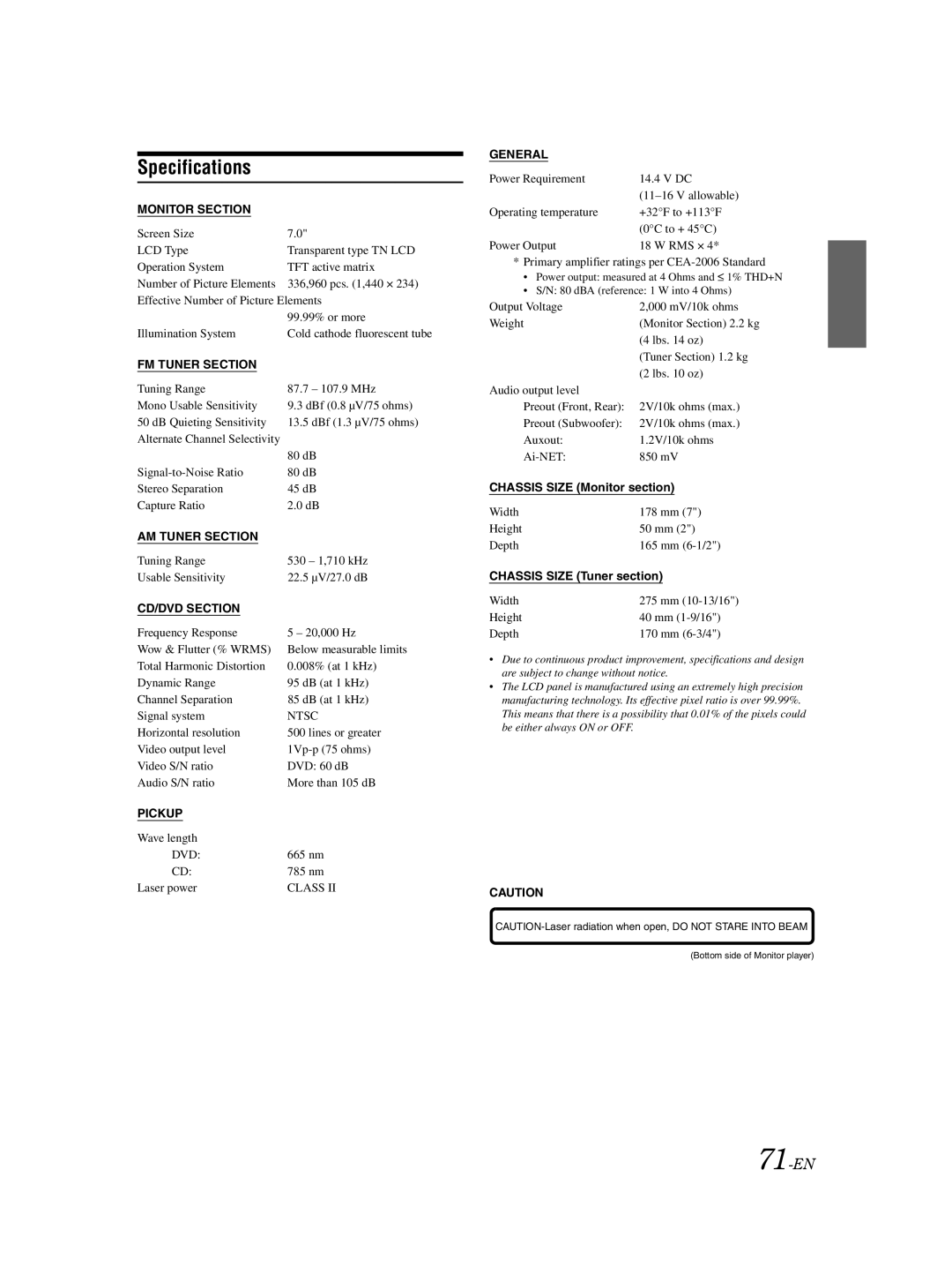 Alpine IVA-D310 owner manual Specifications, 71-EN, Chassis Size Monitor section, Chassis Size Tuner section 