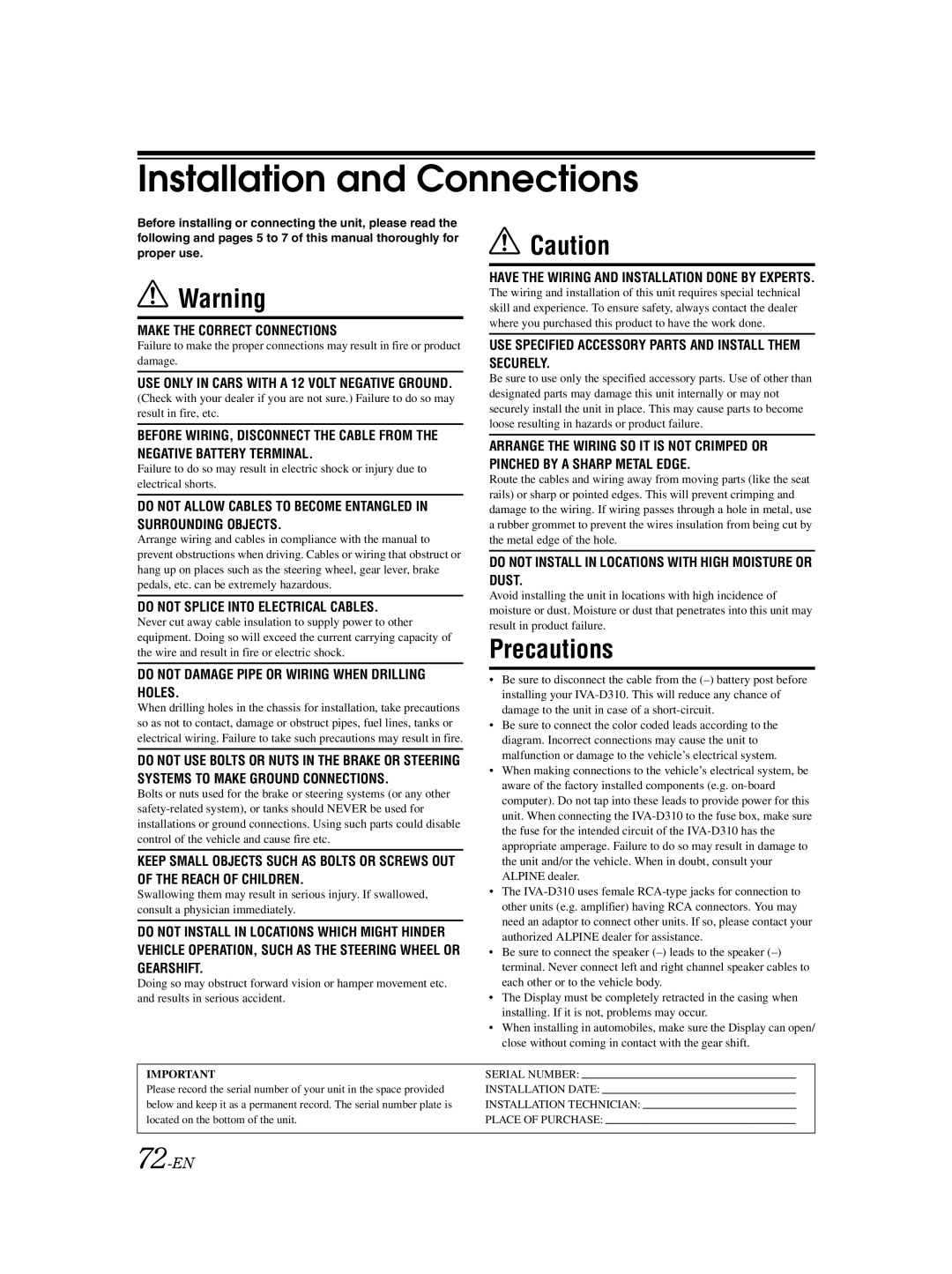 Alpine IVA-D310 owner manual Installation and Connections, 72-EN 