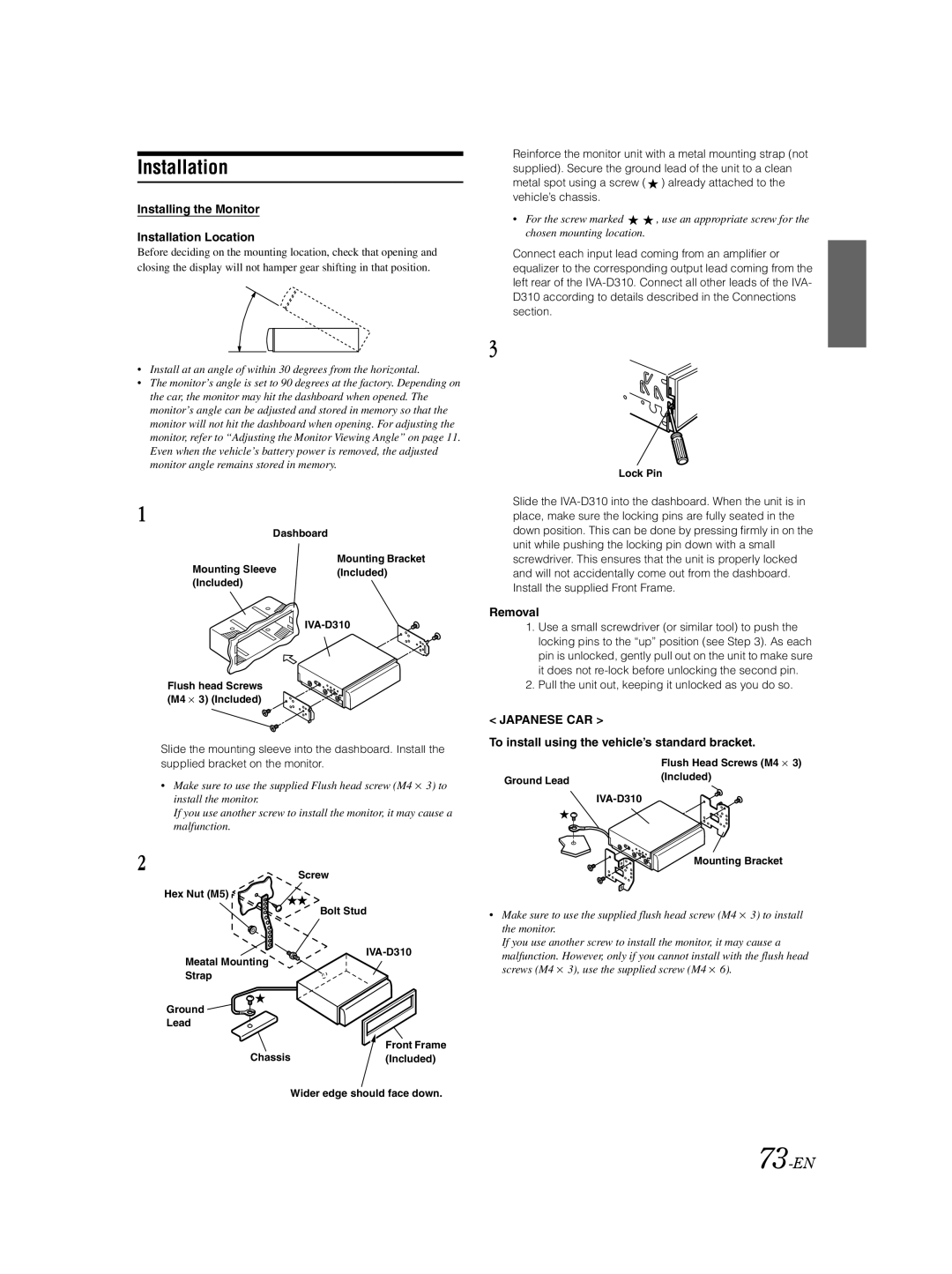 Alpine IVA-D310 owner manual 73-EN, Installing the Monitor Installation Location, Removal 