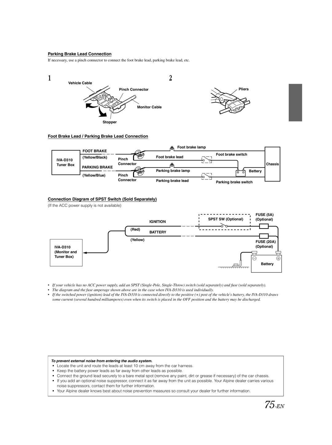 Alpine IVA-D310 75-EN, Foot Brake Lead / Parking Brake Lead Connection, If the ACC power supply is not available 