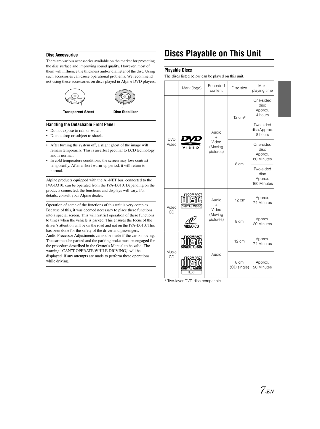 Alpine IVA-D310 owner manual Mark logo Recorded Disc size Max, Pictures, Video Moving, Two-layer DVD disc compatible 