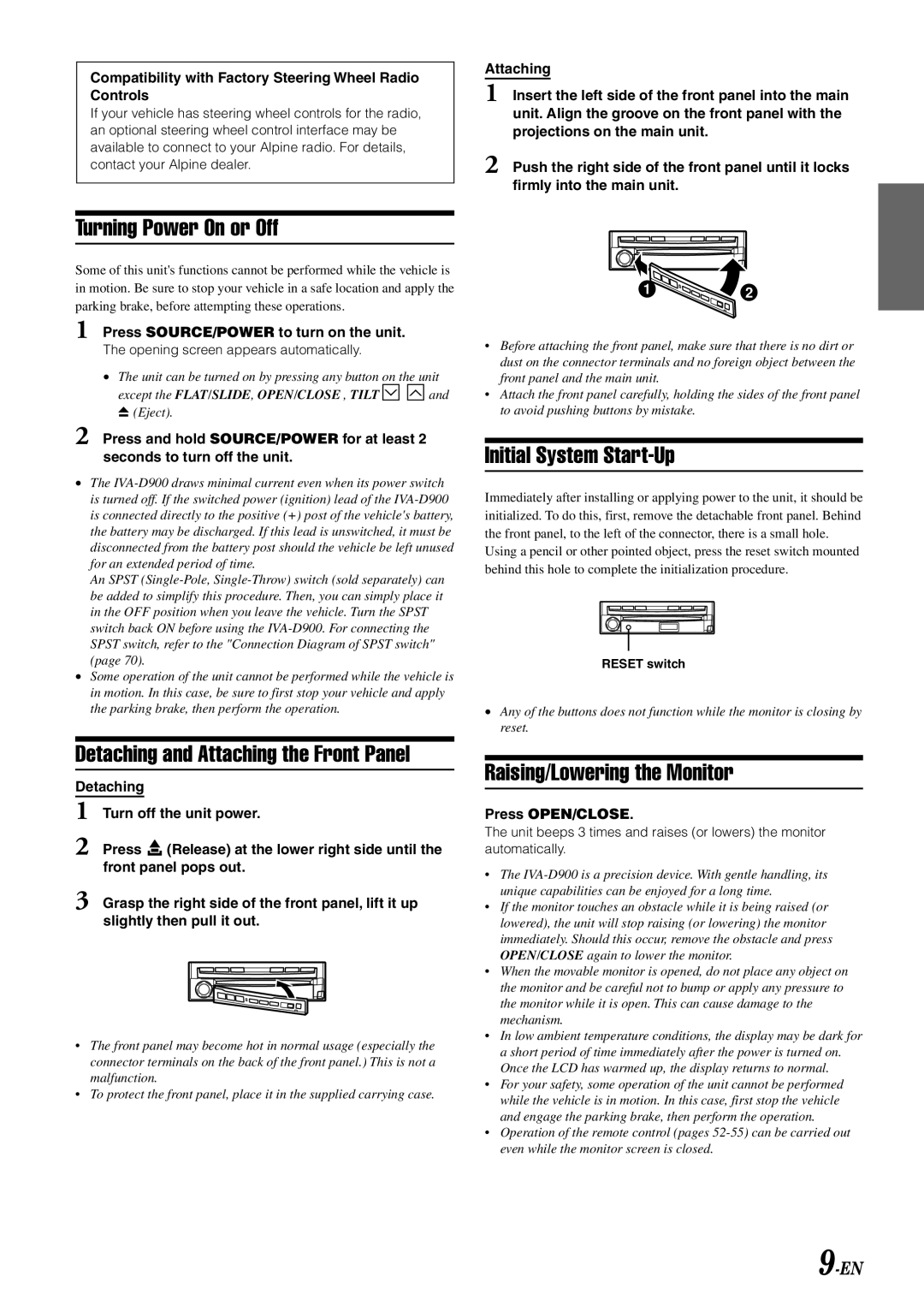 Alpine IVA-D900 owner manual Turning Power On or Off, Detaching and Attaching the Front Panel, Initial System Start-Up 