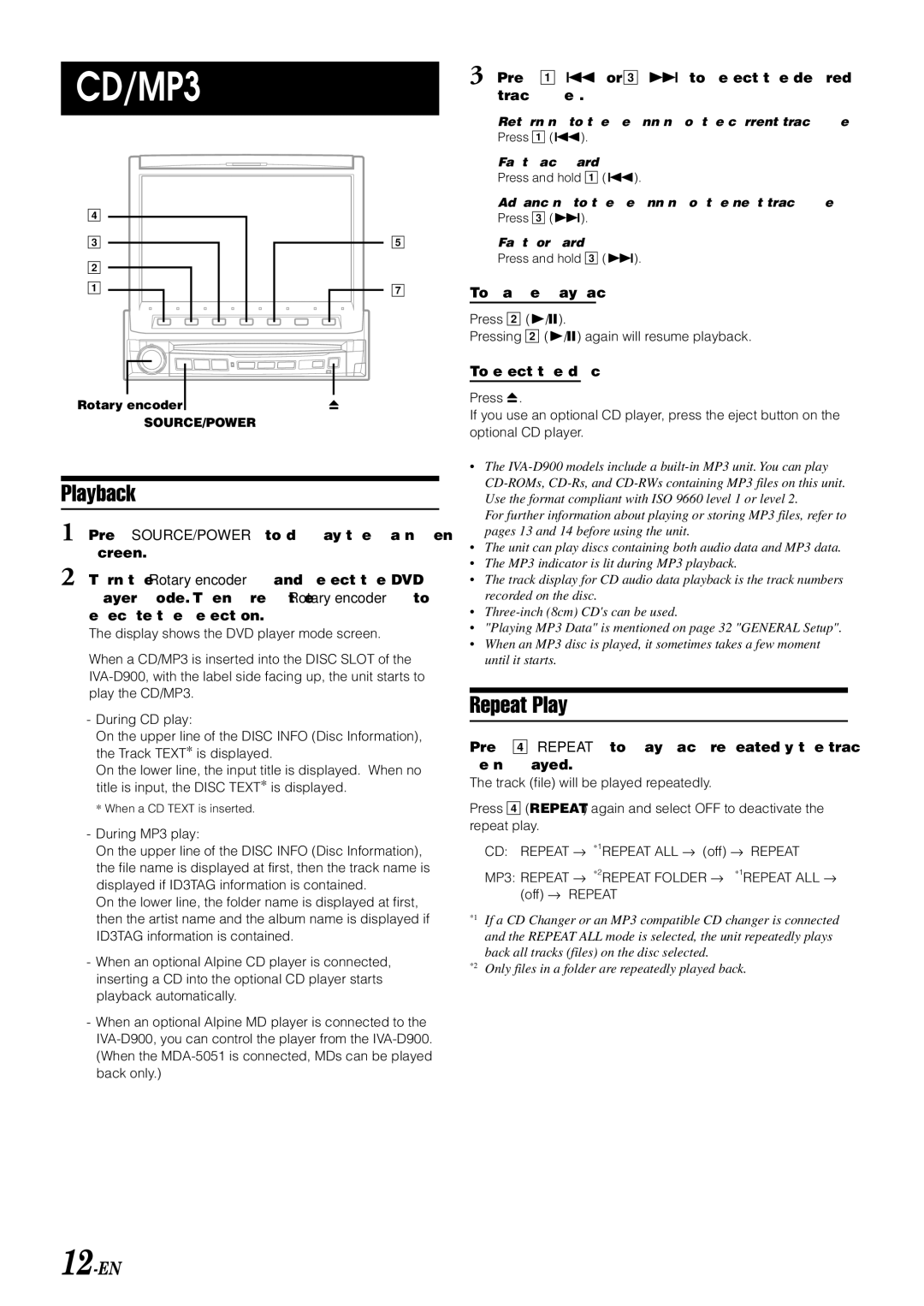 Alpine IVA-D900 owner manual Playback, Repeat Play, 12-EN 