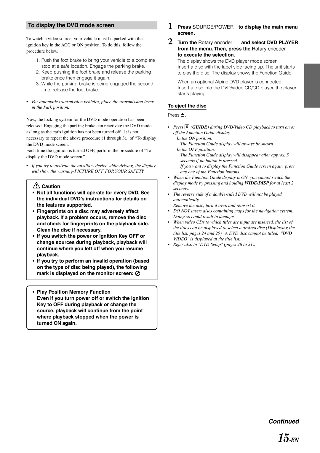 Alpine IVA-D900 owner manual To display the DVD mode screen, 15-EN, Display shows the DVD player mode screen, Press c 