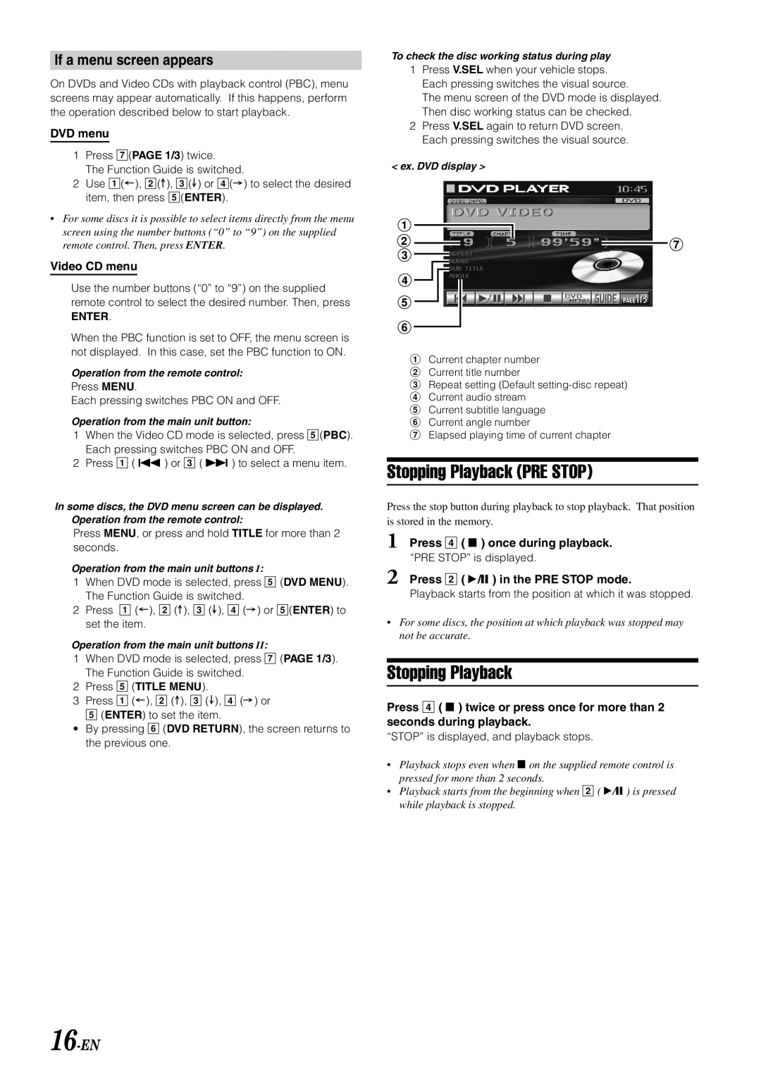 Alpine IVA-D900 owner manual Stopping Playback PRE Stop, If a menu screen appears, 16-EN 