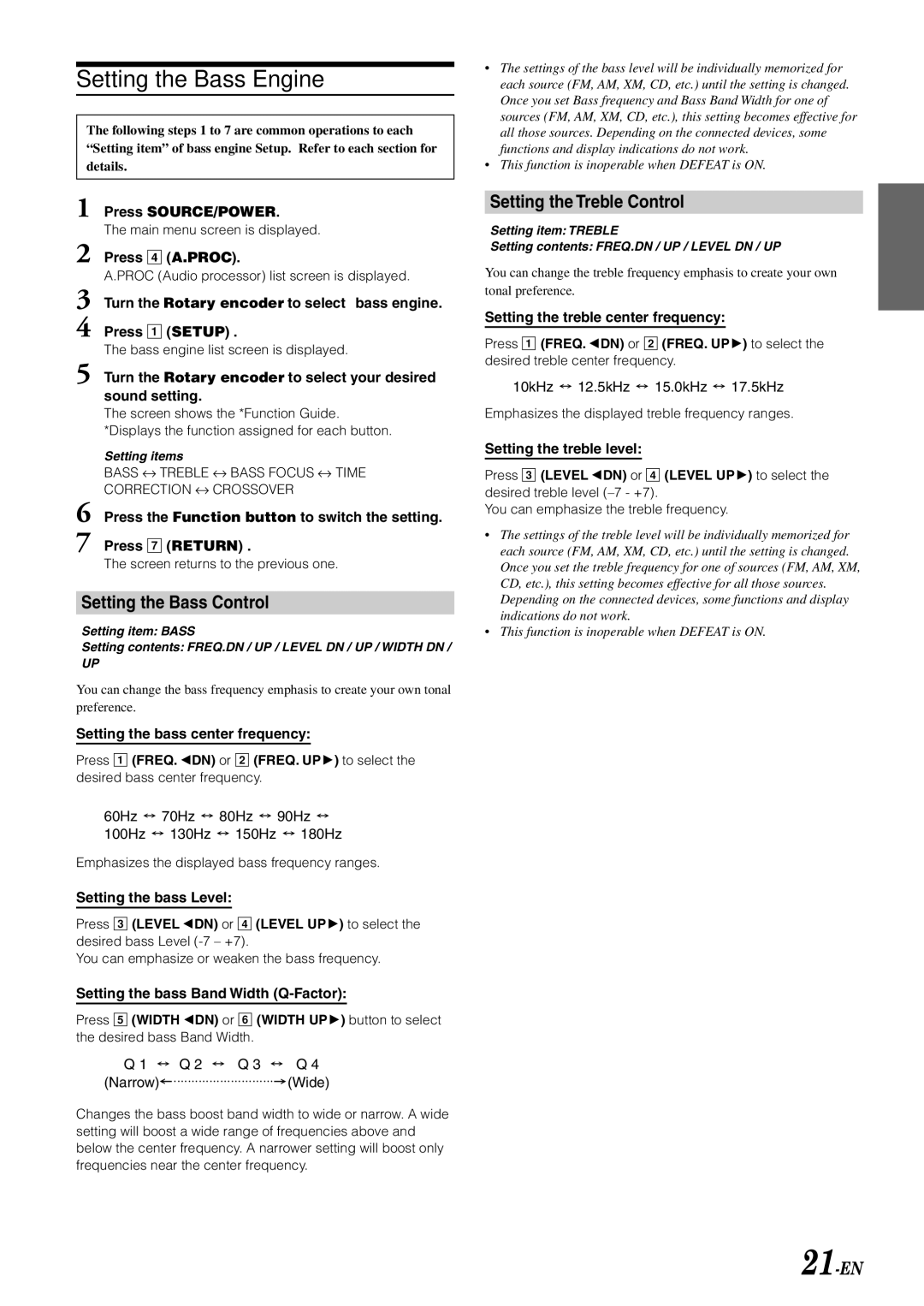 Alpine IVA-D900 owner manual Setting the Bass Engine, Setting the Bass Control, Setting the Treble Control, 21-EN 