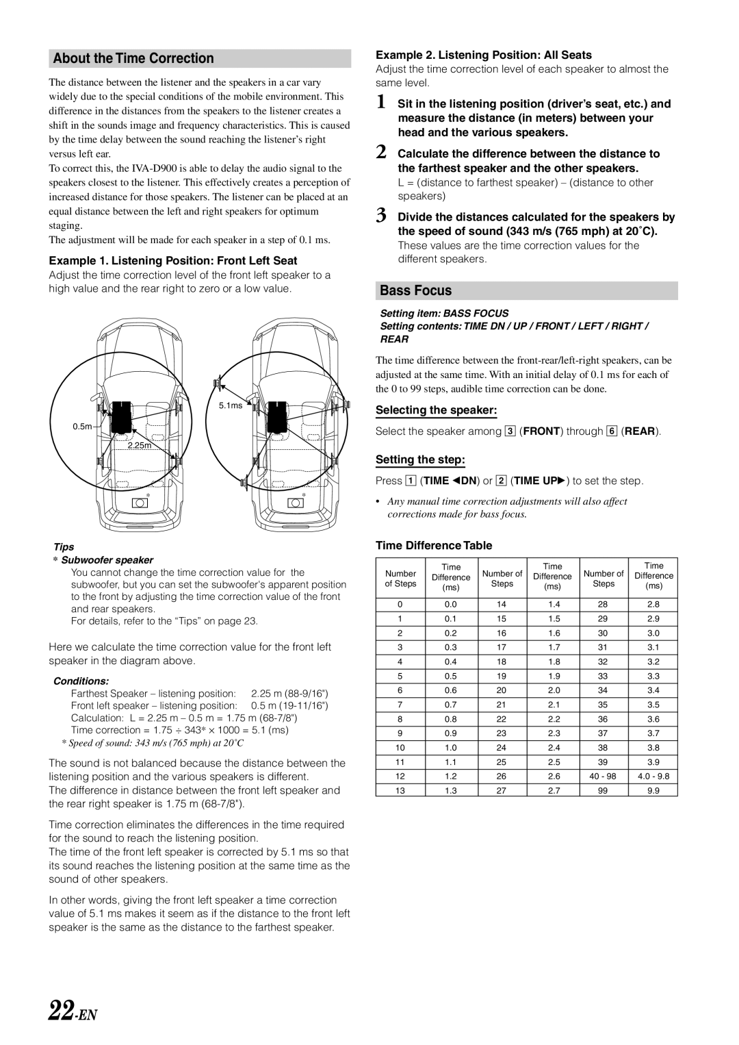 Alpine IVA-D900 owner manual About the Time Correction, Bass Focus, 22-EN 