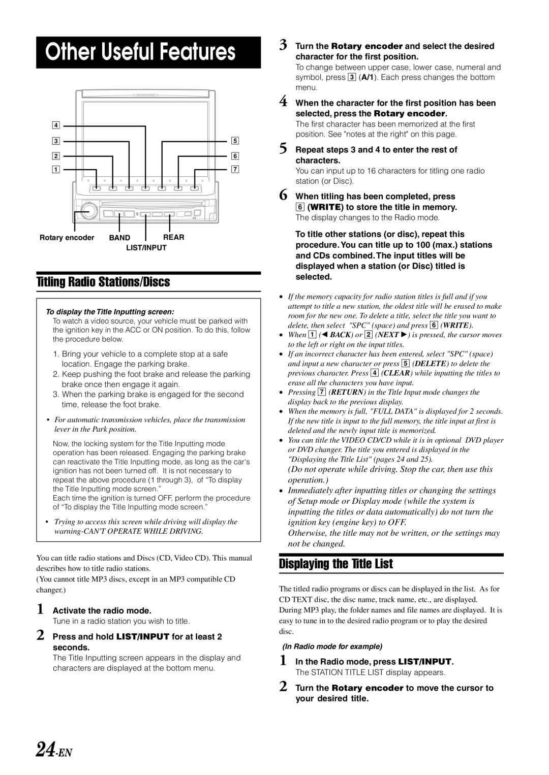 Alpine IVA-D900 owner manual Other Useful Features, Titling Radio Stations/Discs, Displaying the Title List, 24-EN 