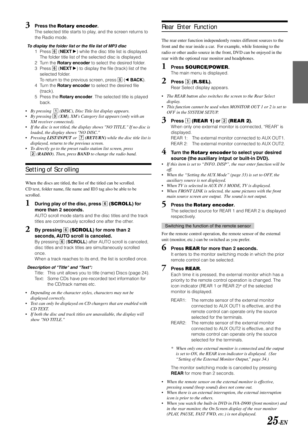 Alpine IVA-D900 owner manual Setting of Scrolling, Rear Enter Function, 25-EN 