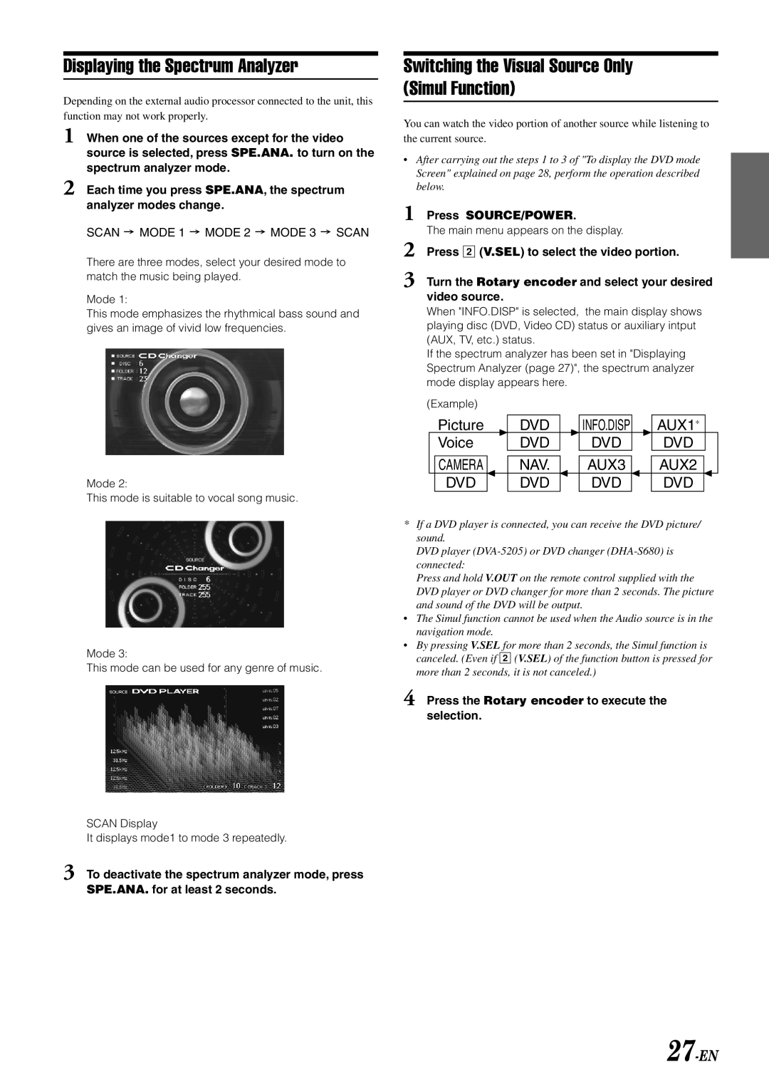 Alpine IVA-D900 owner manual Displaying the Spectrum Analyzer, Switching the Visual Source Only Simul Function, 27-EN 