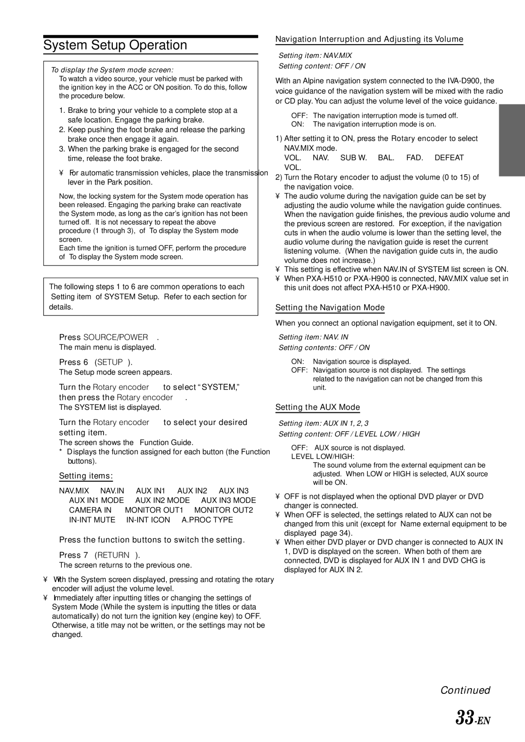 Alpine IVA-D900 owner manual System Setup Operation, 33-EN 