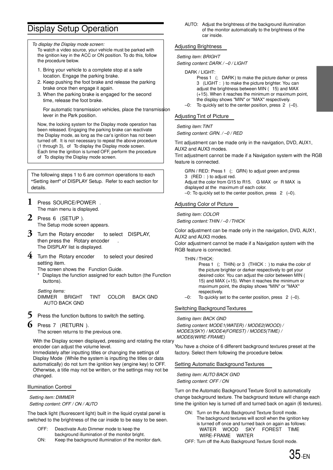 Alpine IVA-D900 owner manual Display Setup Operation, 35-EN 