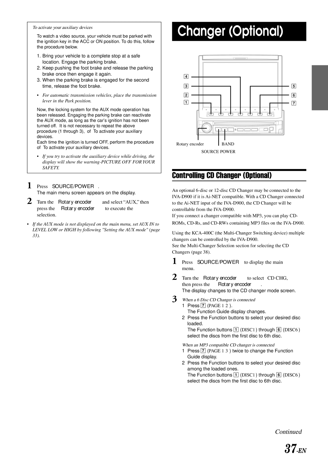 Alpine IVA-D900 owner manual Controlling CD Changer Optional, 37-EN, Display changes to the CD changer mode screen 