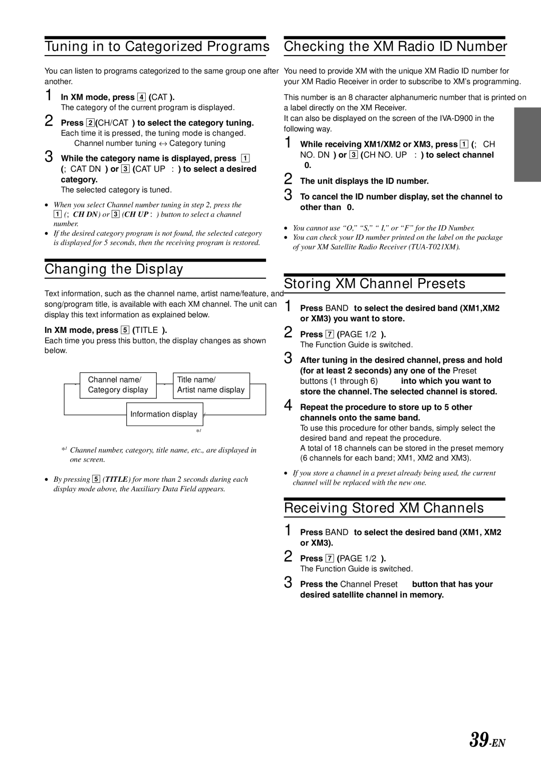 Alpine IVA-D900 owner manual Tuning in to Categorized Programs, Checking the XM Radio ID Number, Changing the Display 