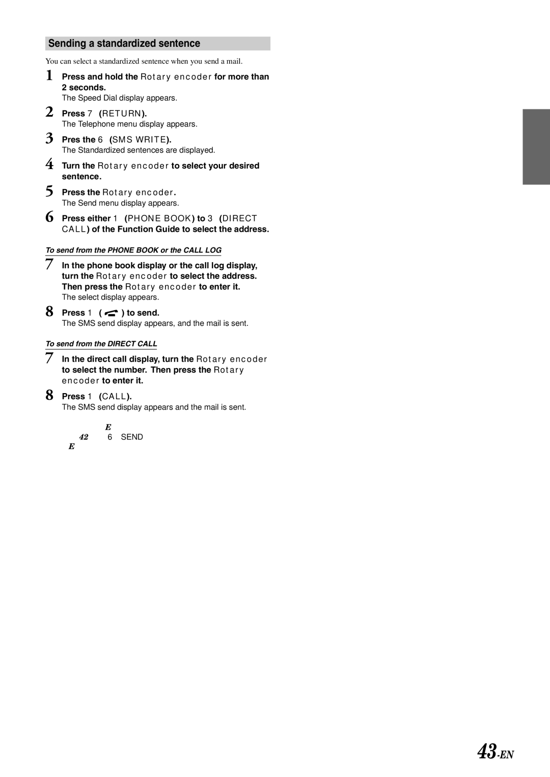 Alpine IVA-D900 owner manual Sending a standardized sentence, 43-EN, Pres the 6 SMS Write, Press 1 to send 