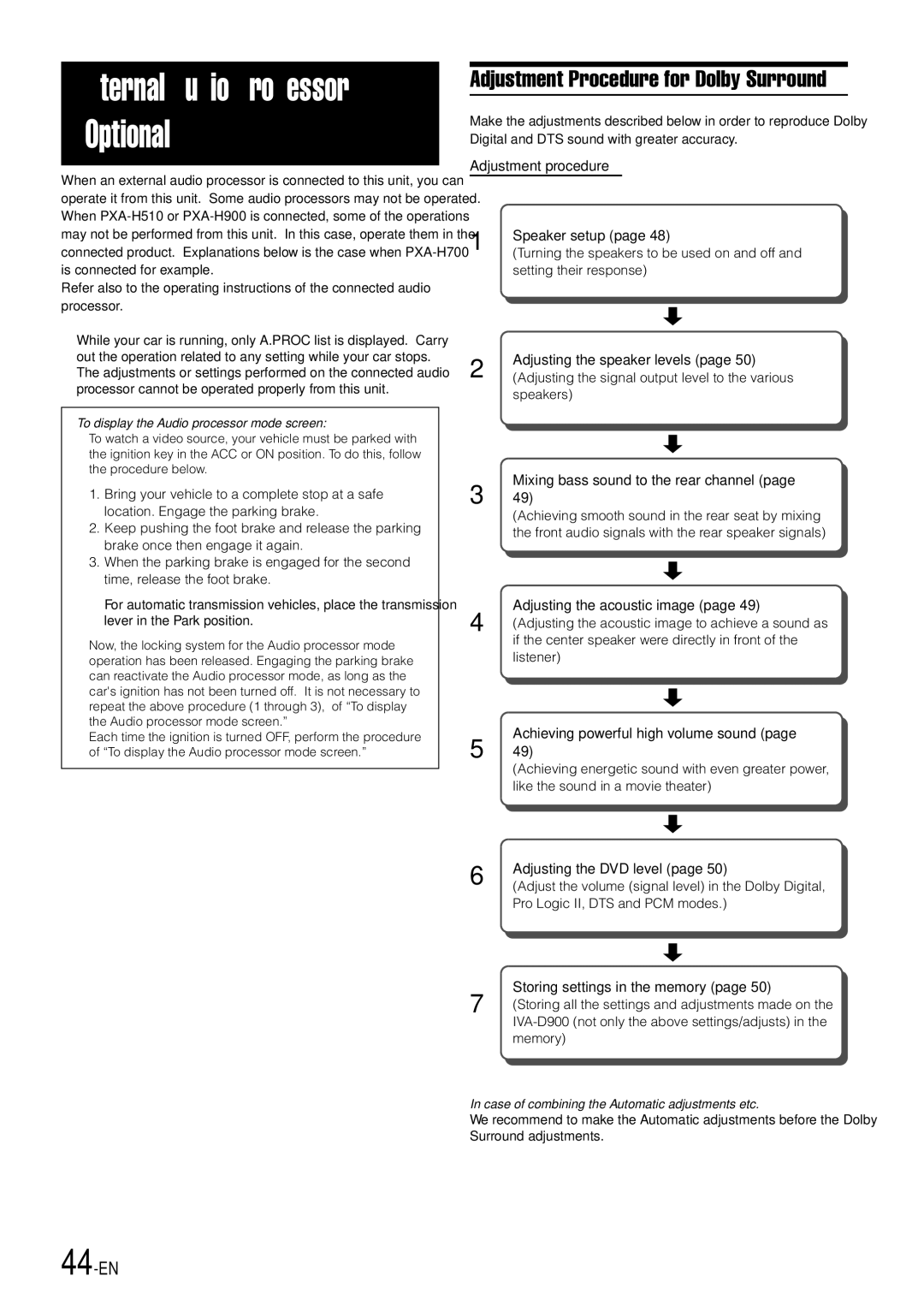 Alpine IVA-D900 owner manual Adjustment Procedure for Dolby Surround, 44-EN 