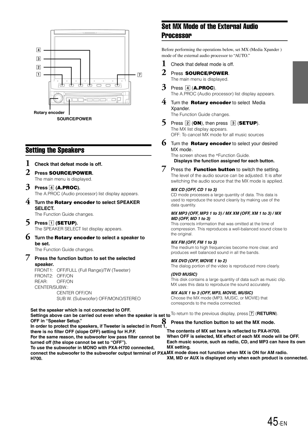 Alpine IVA-D900 owner manual Setting the Speakers, Set MX Mode of the External Audio Processor, 45-EN 