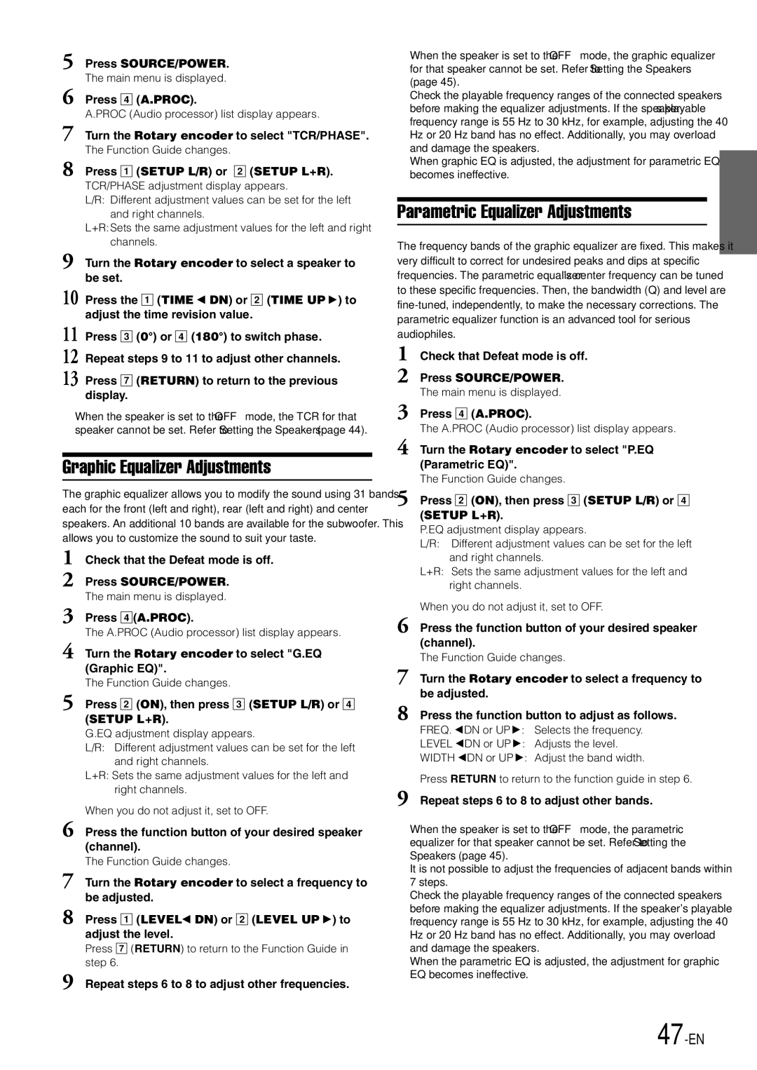 Alpine IVA-D900 owner manual Graphic Equalizer Adjustments, Parametric Equalizer Adjustments, 47-EN 