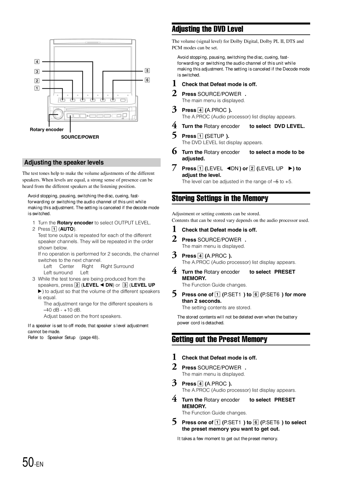 Alpine IVA-D900 owner manual Adjusting the DVD Level, Storing Settings in the Memory, Getting out the Preset Memory, 50-EN 