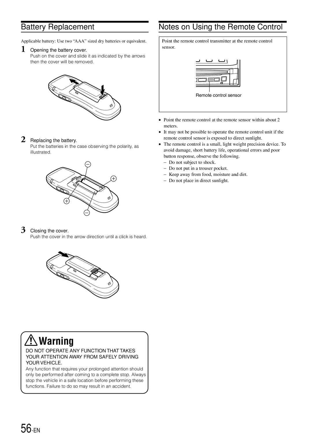 Alpine IVA-D900 Battery Replacement, 56-EN, Opening the battery cover, Replacing the battery, Closing the cover 