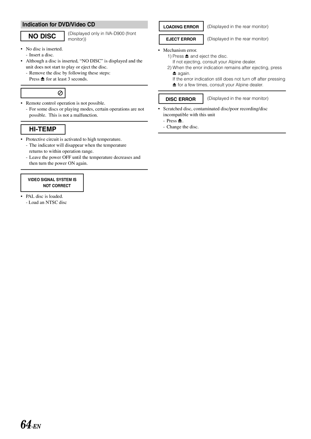 Alpine IVA-D900 owner manual Indication for DVD/Video CD, 64-EN, Monitor 