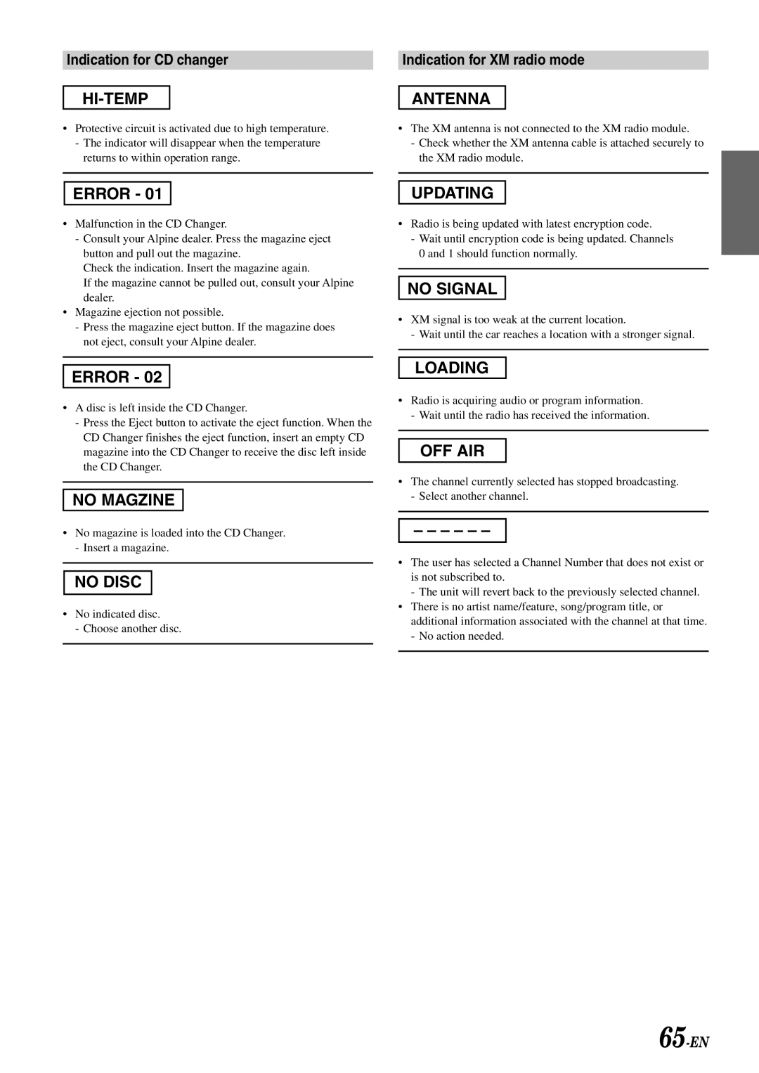 Alpine IVA-D900 owner manual Indication for CD changer, Indication for XM radio mode, 65-EN 