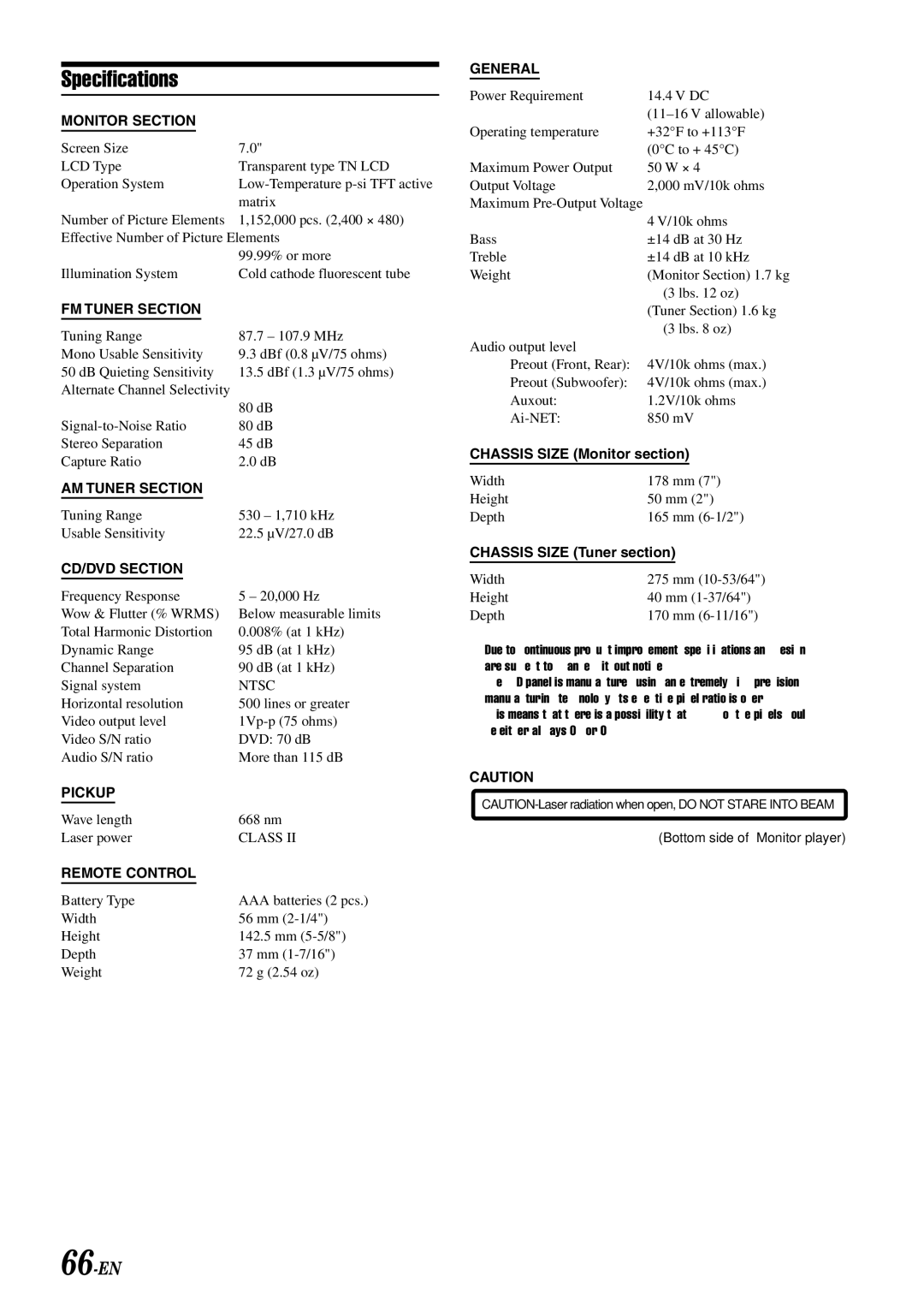 Alpine IVA-D900 owner manual Specifications, 66-EN, Bottom side of Monitor player 