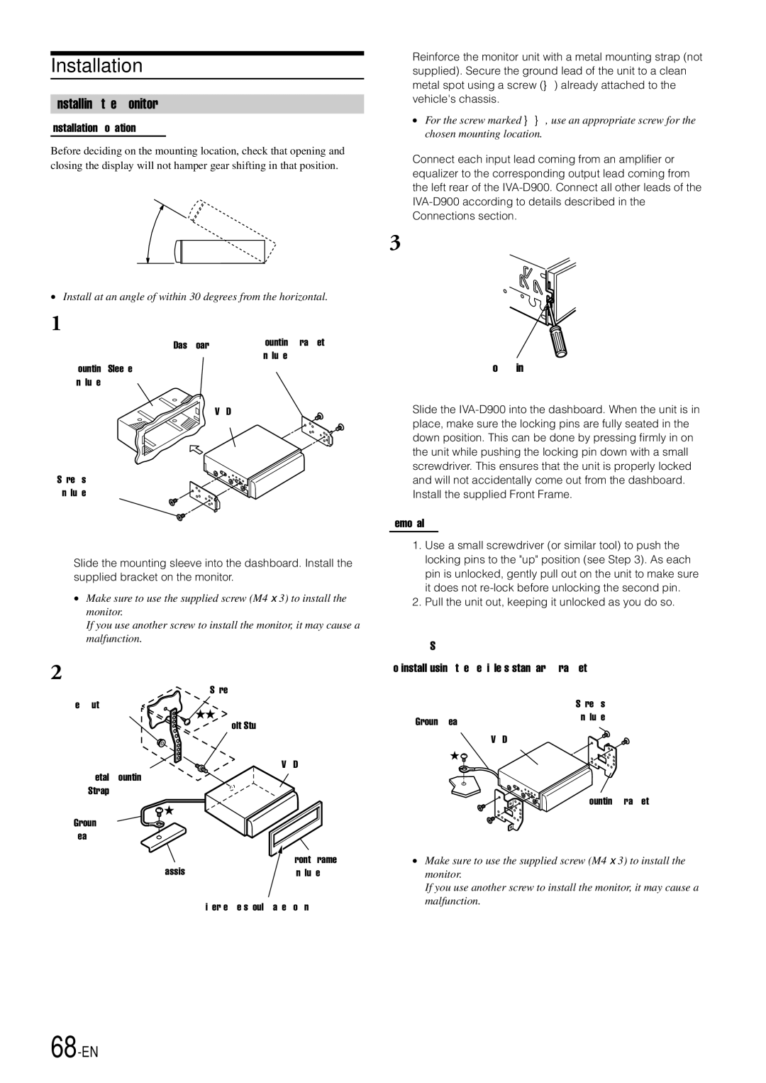 Alpine IVA-D900 owner manual Installation, Installing the Monitor, 68-EN 