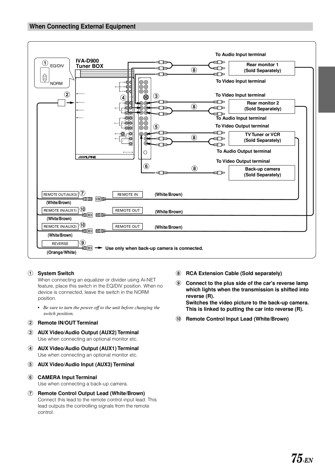 Alpine owner manual When Connecting External Equipment, 75-EN, IVA-D900 Tuner BOX 