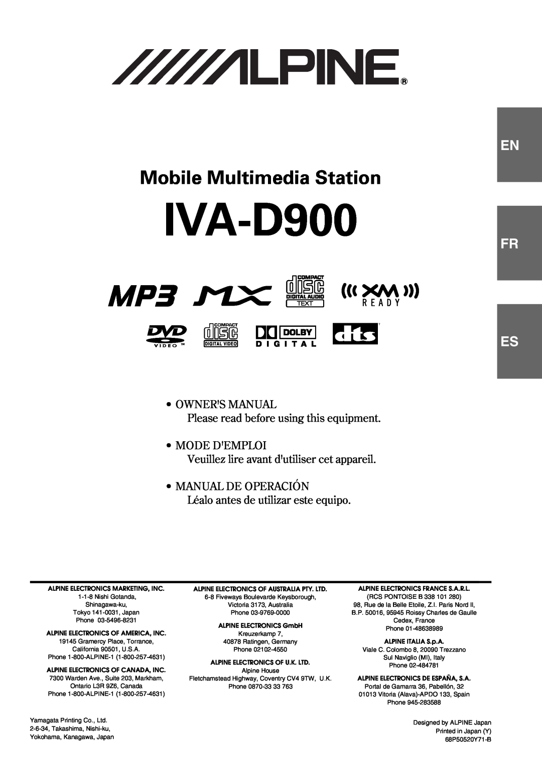 Alpine IVA-D900 owner manual Mobile Multimedia Station, Es It, • Owners Manual, Please read before using this equipment 