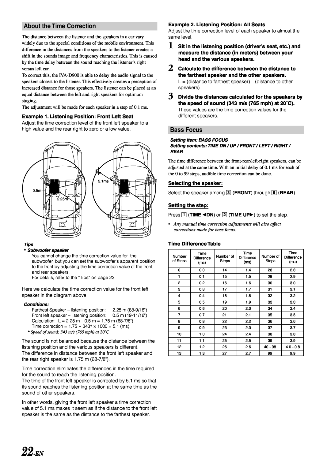 Alpine IVA-D900 owner manual About the Time Correction, Bass Focus, 22-EN 