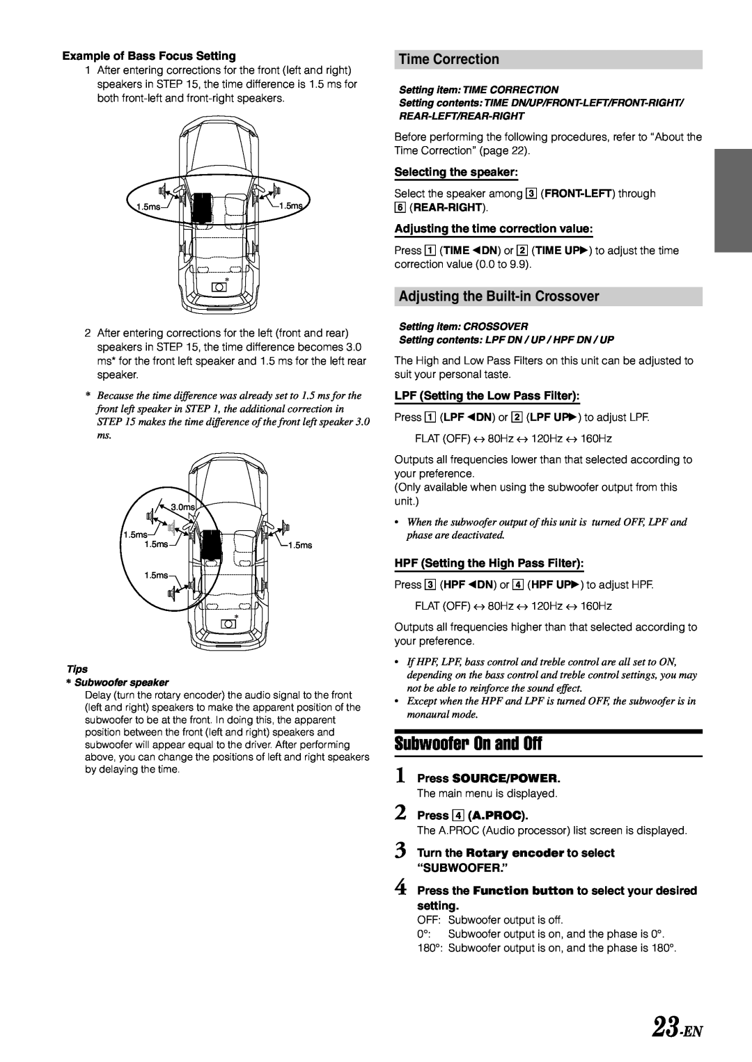Alpine IVA-D900 owner manual Subwoofer On and Off, Time Correction, Adjusting the Built-inCrossover, 23-EN, 6REAR-RIGHT 