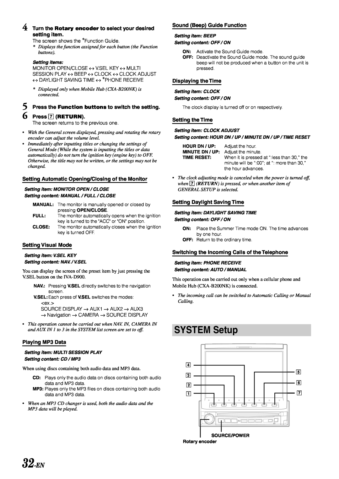Alpine IVA-D900 owner manual SYSTEM Setup, 32-EN 