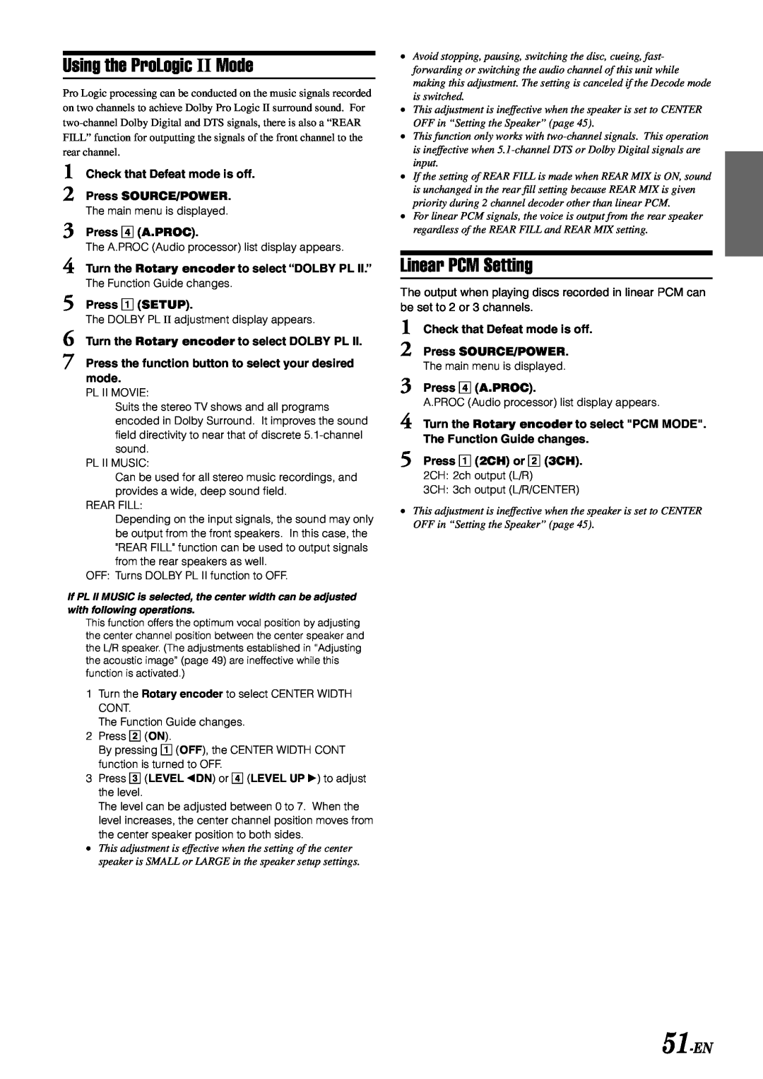 Alpine IVA-D900 owner manual Using the ProLogic II Mode, Linear PCM Setting, 51-EN 