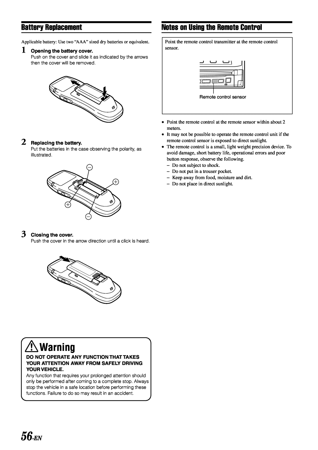 Alpine IVA-D900 owner manual Battery Replacement, Notes on Using the Remote Control, 56-EN 