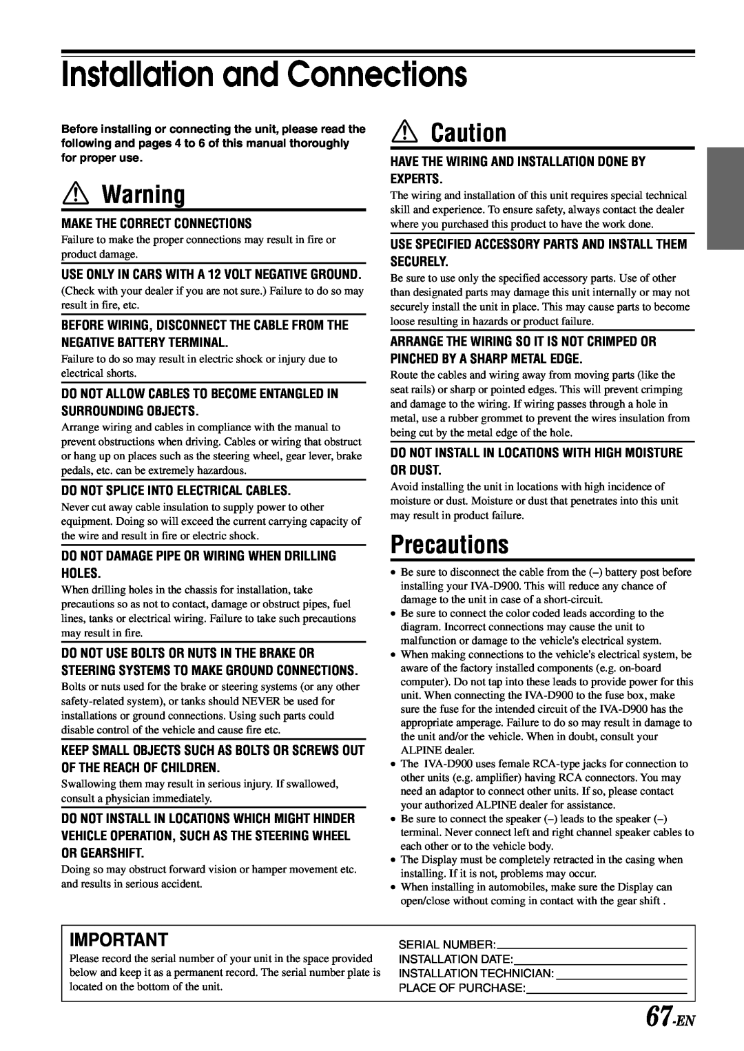 Alpine IVA-D900 owner manual Precautions, 67-EN, Installation and Connections 
