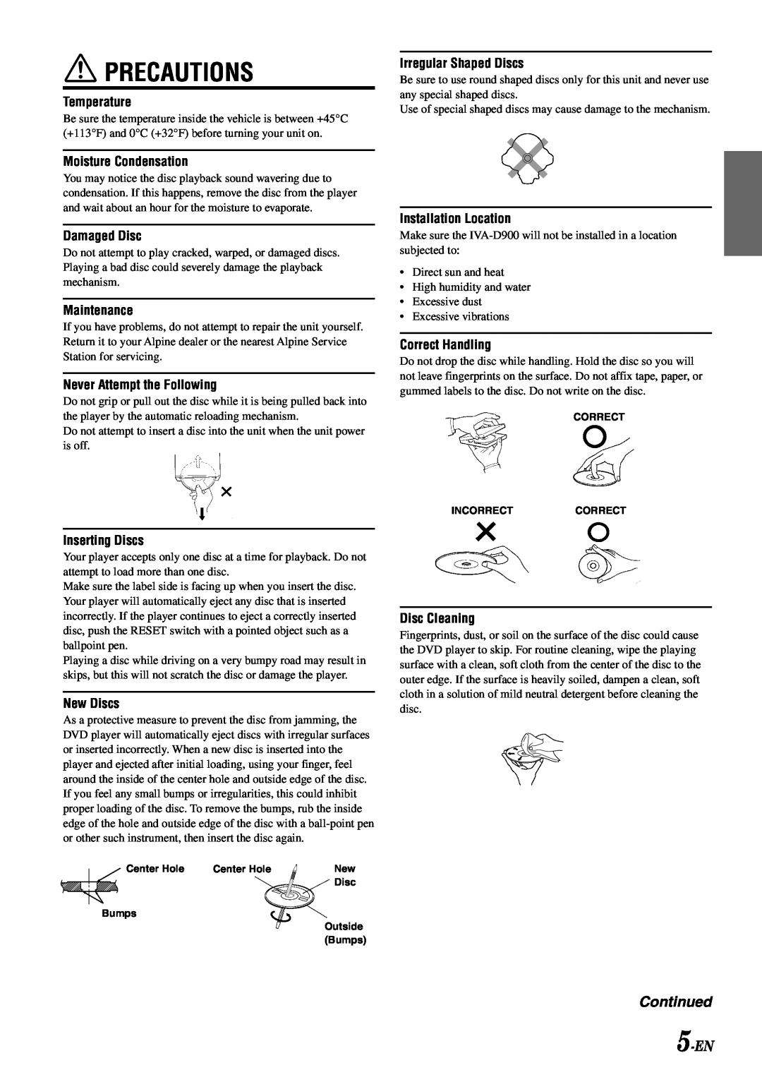 Alpine IVA-D900 owner manual Precautions, 5-EN, Continued 