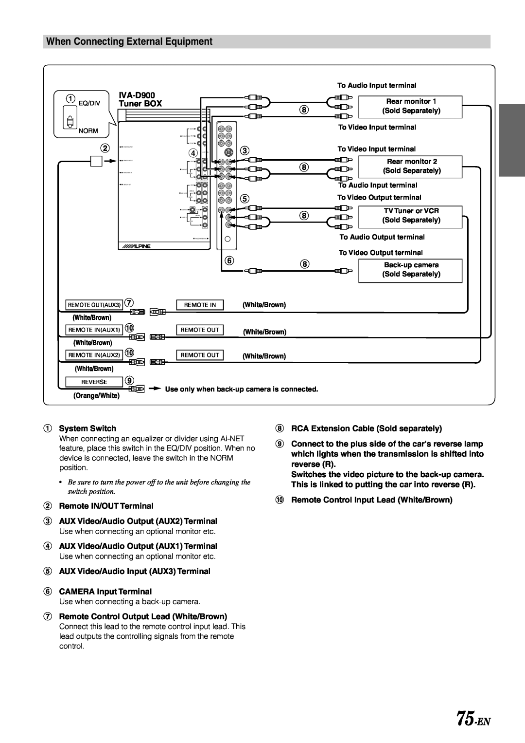 Alpine IVA-D900 owner manual When Connecting External Equipment, 75-EN, 5 8 